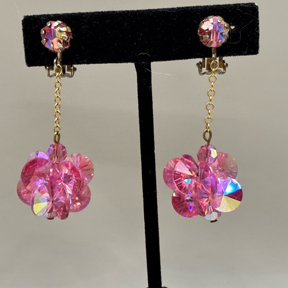 Vintage Pink Crystal Bead Drop Dangle Clip Earrings